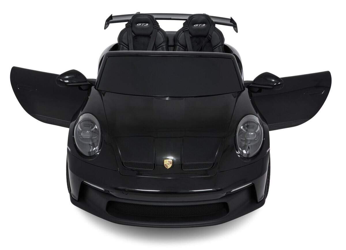 Mașină sport neagră cu ușile deschise, interior sportiv pentru copii, jucarii auto pentru cei mici.