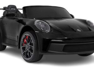 Mașină electrică pentru copii, model sport Porsche negru, divertisment pentru cei mici.