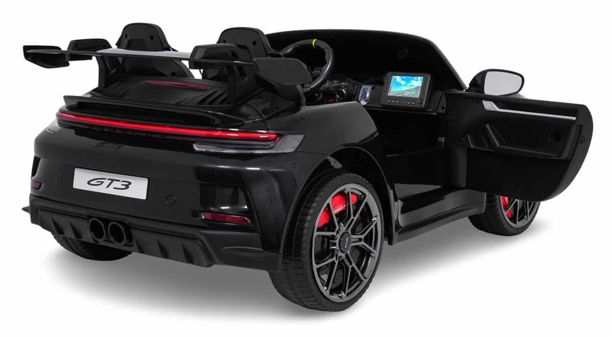 Mașină jucărie electrică pentru copii în stil Porsche 911 GT3 negru, cu detalii realiste și funcții interactive.