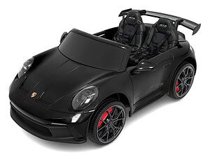 Mașină electrică pentru copii, model Porsche 911, negru, cu scaune sport și design realist.