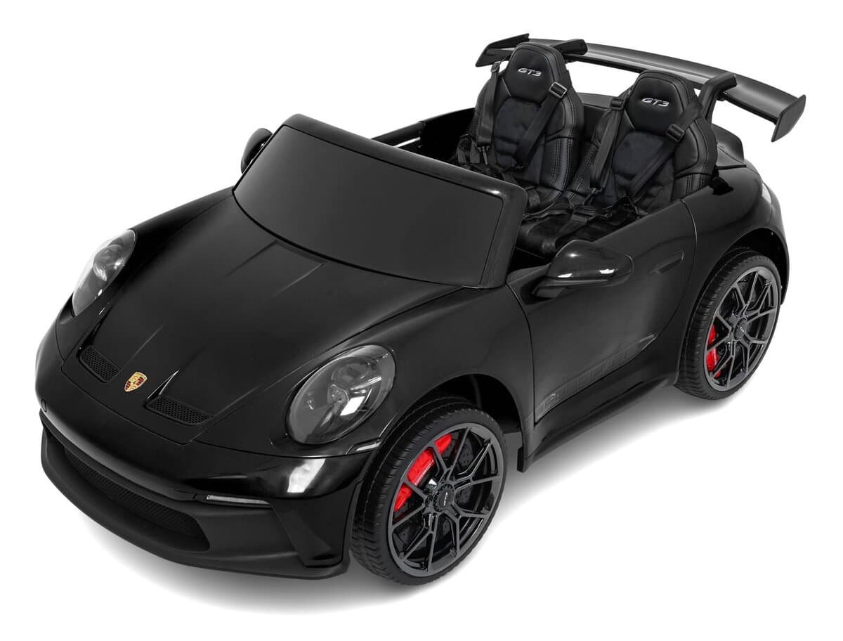 Mașină electrică pentru copii, model Porsche 911, negru, cu scaune sport și design realist.