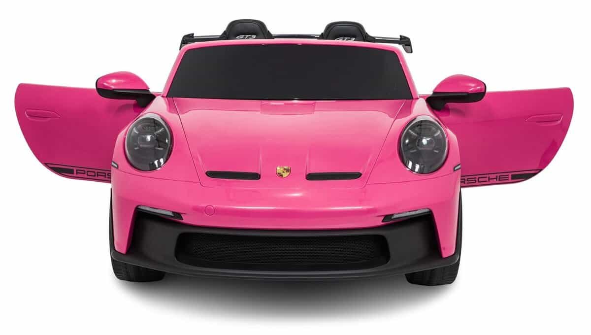 Masina sport roz pentru copii, model Porsche, jucarie electrocasnica pentru micii iubitori de masini.