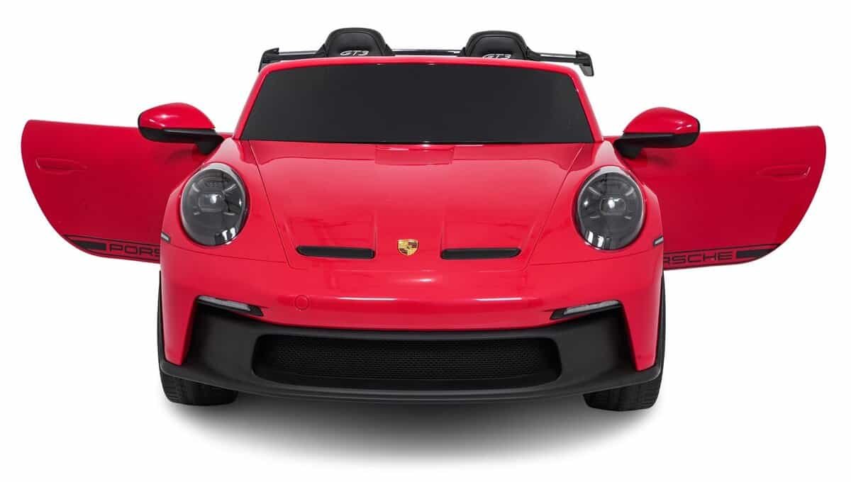 Red toy car, Porsche style, perfect for kids, durable plastic, realistic design, safe for children.