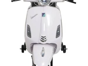 Scooter electric alb pentru copii, jucarie educativă și sigură, perfectă pentru joacă în curte.
