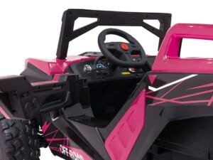 Mașină electrică pentru copii roz, cu design modern și funcționalități distractive.