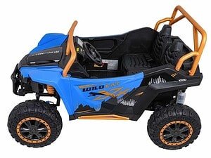 1. Mașinuță electrică pentru copii, model off-road, culoare albastru și negru, cu design aventura.