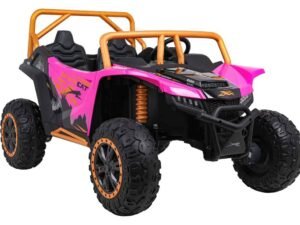 Mașinuță electrică pentru copii, model off-road roz și negru cu scaune și siguranțe, ideal pentru joacă sigură.
