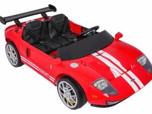 Red kids' toy car with racing stripes, realistic design, and comfortable seats for children.
