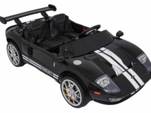 Mașină electrică pentru copii, model sport negru cu dungi albe, ideală pentru joacă în siguranță.