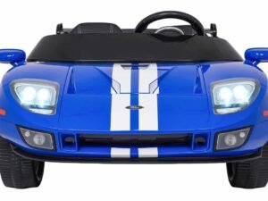 Mașinuță electrică pentru copii, culoare albastră cu dungi albe, design realist, siguranță și aventură.