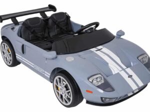 Mașinuță electrică de jucărie pentru copii, model sport Ford GT, culoare gri cu dungi albe.