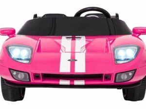 Mașinuță electrică pentru copii, model sport roz și alb cu faruri luminoase și design atrăgător.