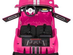 Mașină electrică pentru copii roz, model sport cu volan și butoane, perfectă pentru joacă în aer liber.