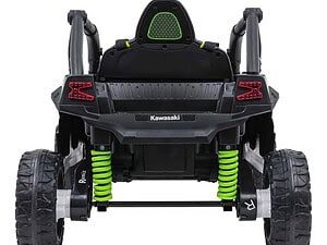 1. Mașină electrică pentru copii, model off-road cu suspensie și roți mari, negru cu verde.