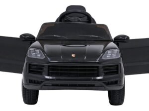 Mașină electrică pentru copii, model Porsche negru, detalii realistice, divertisment sigur pentru cei mici.