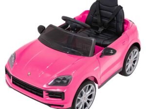 Mașinuță electrică pentru copii, roz, din material de calitate, cu șezlong confortabil și siguranță sporită.