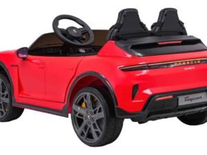 Mașinuță electrică pentru copii Porsche Taycan, model sportiv, culoare roșie, perfect pentru joacă și aventuri.