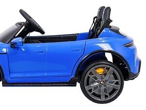 Mașinuță electrică pentru copii în culoarea albastru, ideală pentru joacă și aventură.