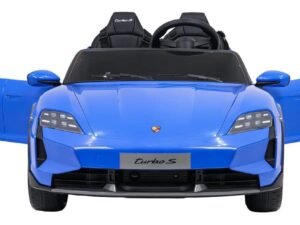 Joacă de copii electrică Porsche Turbo S albastru, cu uși care se deschid, ideală pentru cei mici.