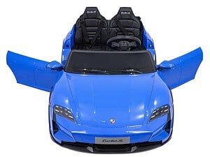 Mașină electrică pentru copii, model Porsche Turbo S, în culoare albastră, perfectă pentru joacă și aventură.