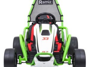 1. Mașinuță electrică pentru copii, model sportiv, culoare verde și negru, siguranță și distracție.