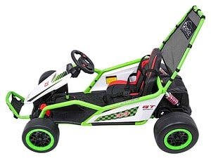 Mașinuță electrică pentru copii, model sport, alb cu verde, cu scaun reglabil și siguranță maxima.