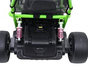 1. Mașinuță electrică pentru copii, verde, cu suspensie pe față și materiale durabile.