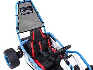 1. Mașină de taxi pentru copii cu scaun și volan, culoare negru și roșu, ideală pentru joacă.