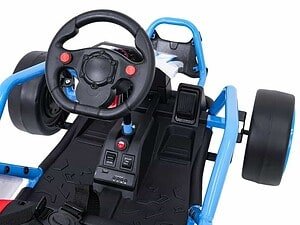 Mașinuță electrică pentru copii, design realist cu volan și pedală, jucărie sigură și distractivă.