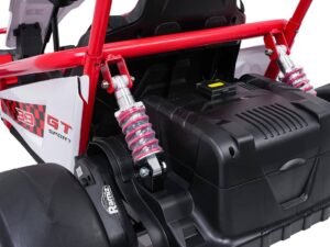 Mașinuță electrică pentru copii, sportivă, cu șasiu robust și suspensie ajustabilă.
