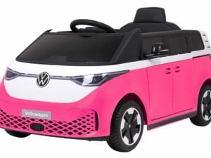Mașinuță electrică pentru copii, Volkswagen, design ștof de jucarie roz și alb.