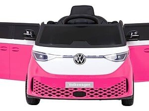 Mașină electrică pentru copii, VW, jucarie auto, model roz și alb, pentru joacă și distracție în aer liber.